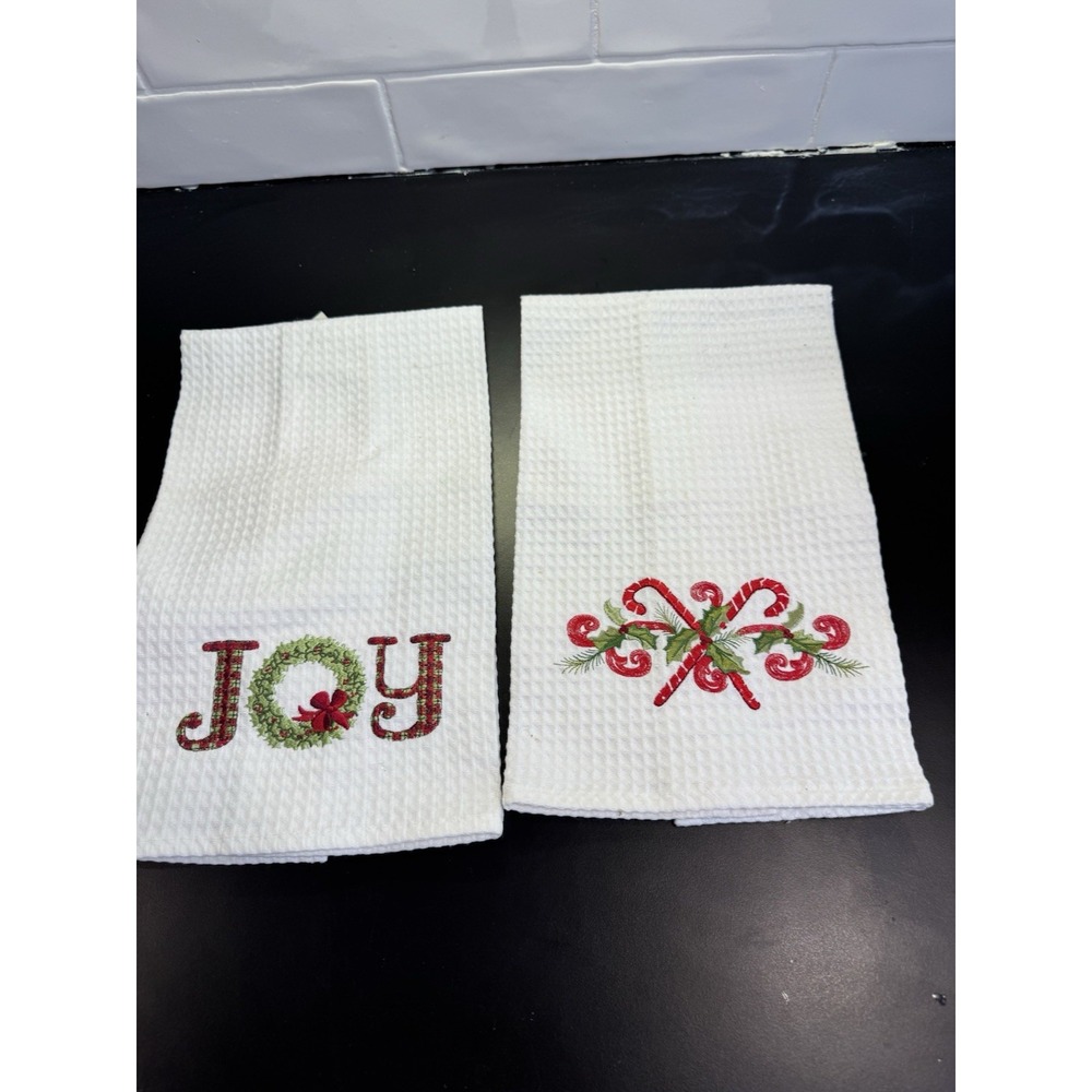 2‎ Cotton Hand Towel Christmas Embroidered Joy Wreath & Candy Cain Holly Waffle